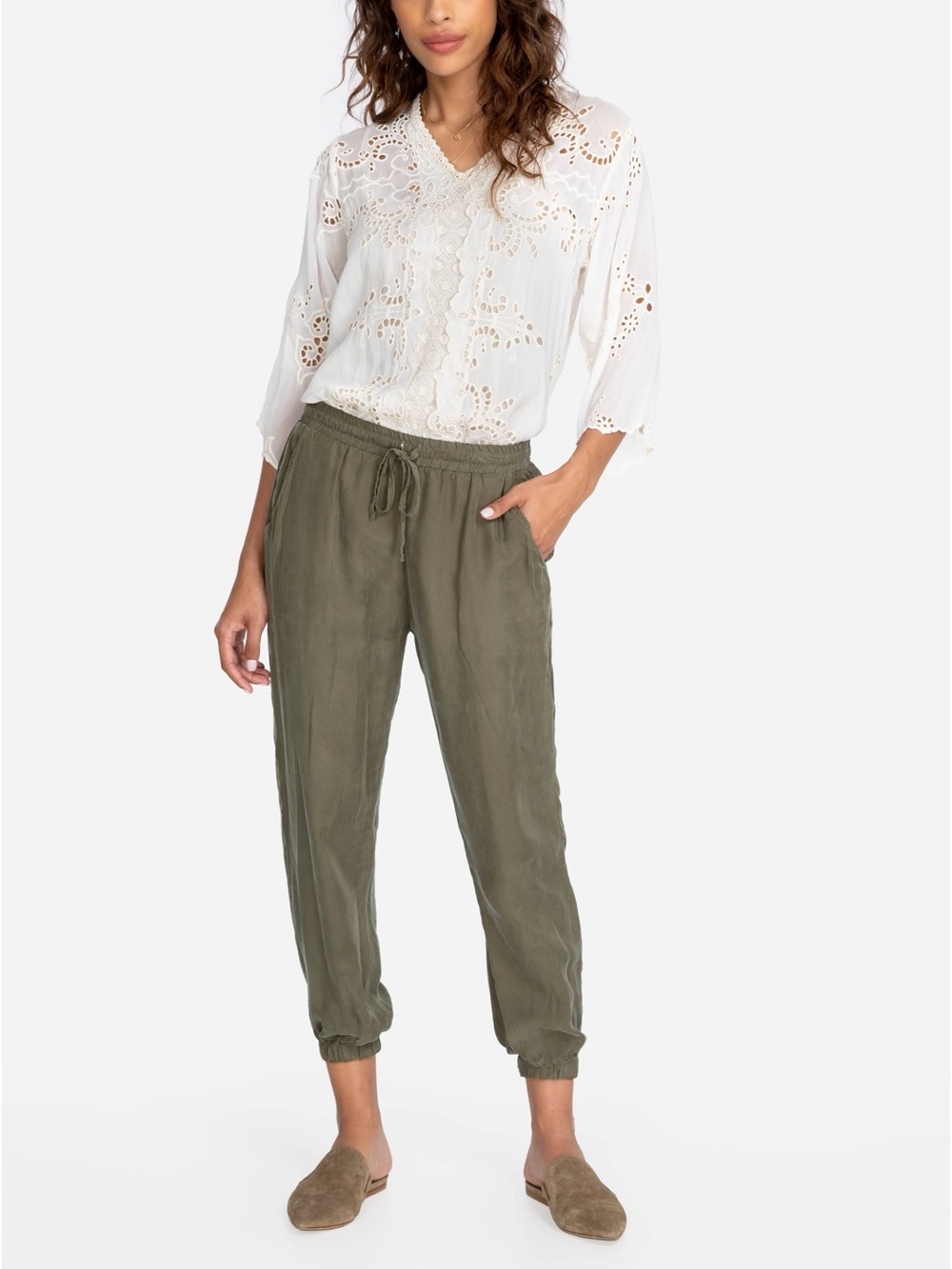 Johnny Was Alice Jogger Drawstring Lightweight Flowy Pants Green Size Medium